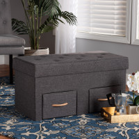 Baxton Studio 4A-151DG-Dark Grey-Storage Ottoman Gerwin Modern and Contemporary Dark Grey Fabric Upholstered and Oak Brown Finished Wood 2-Drawer Storage Ottomand